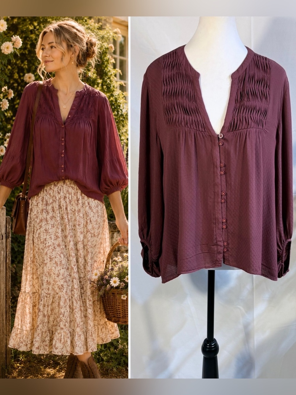 Maeve Anthropologie Berry Plum Pintuck Peasant Blouse Button Front Top Sz 10💚